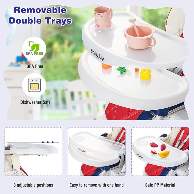 BABY JOY High Chair for Babies & Toddlers, Foldable Highchair with Adjustable Backrest/Footrest/Seat Height, Double Removable Trays, Detachable Seat Cushion, 4 Lockable Wheels (Colorful)