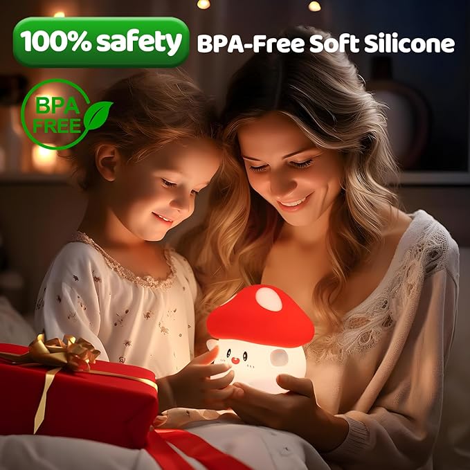 Mushroom Night Light,LED Cute Silicone Squishy Lamp Rechargeable Nursery Nightlight with 2 Level Dimmable Bedside Touch Lamp for Bedroom Kids Room Mushroom Decor Gifts
