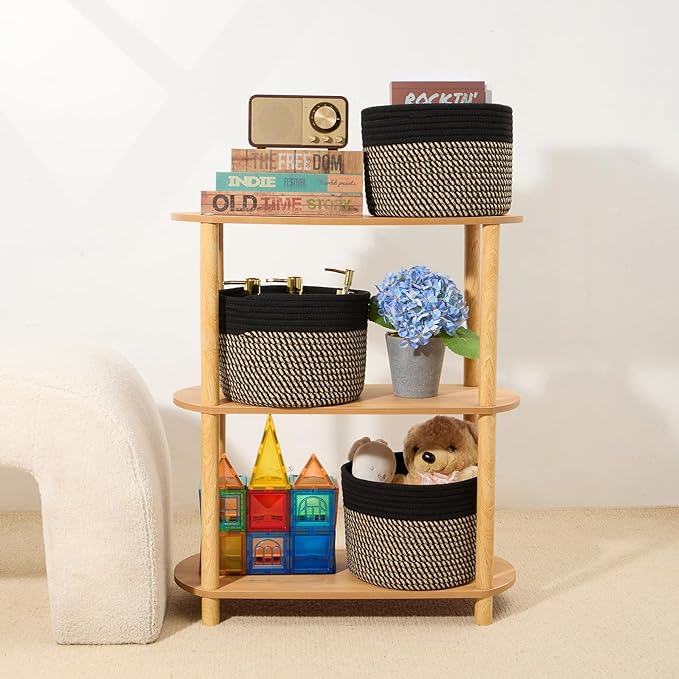 Small Basket for Organizing | Cube Shelf Closet Storage Baskets | 9.7×9.7×7.1” | Woven Rope Gift Basket | Nursery | Round 3 Packs Black Brown