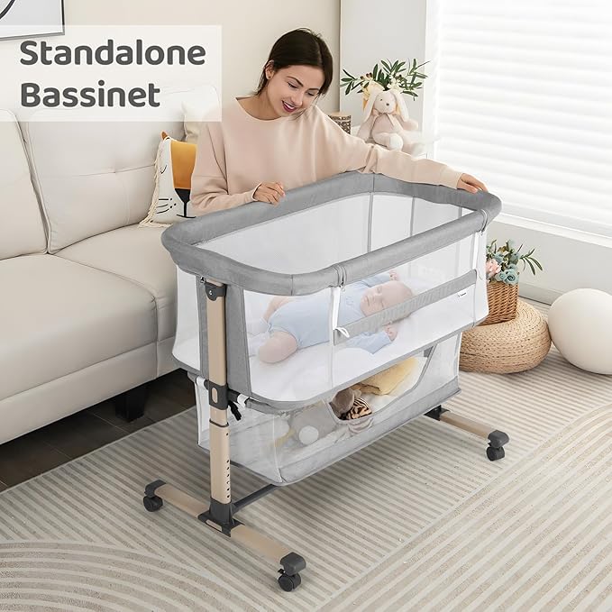 Cowiewie Bassinet Bedside Sleeper, Portable, Breathable, Adjustable Baby Bedside Bassinet for Peaceful Nights, Light Grey