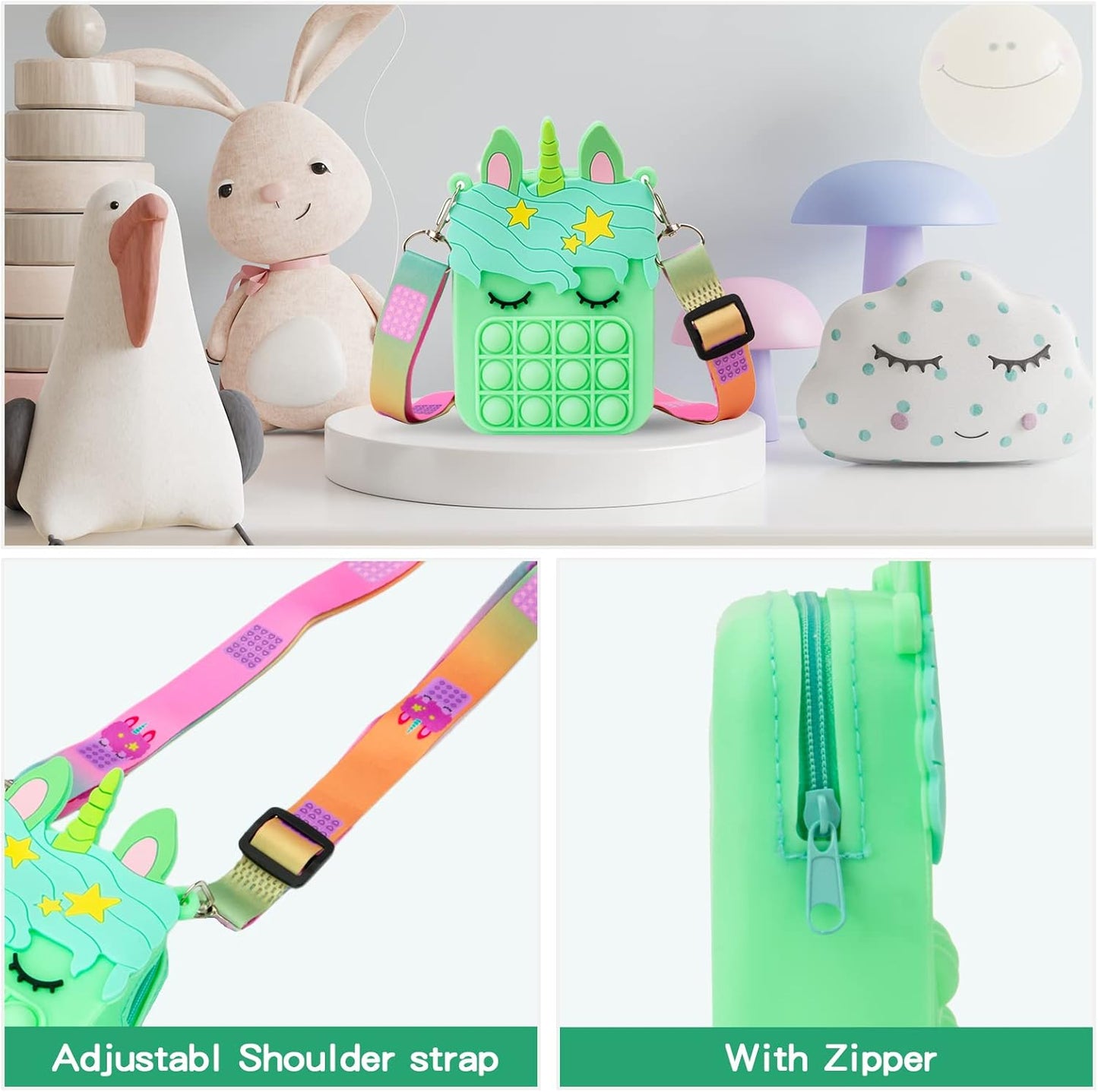 Civan Small Pop Purse, Green Bags Kids Girls Toys Unicorn Pop Purse for Girl and Women Pop Bag Unicorn Pop Toy, Shoulder Bag Fidget Toys Pop Fidget Backpack Toy for ADHD Anxiety