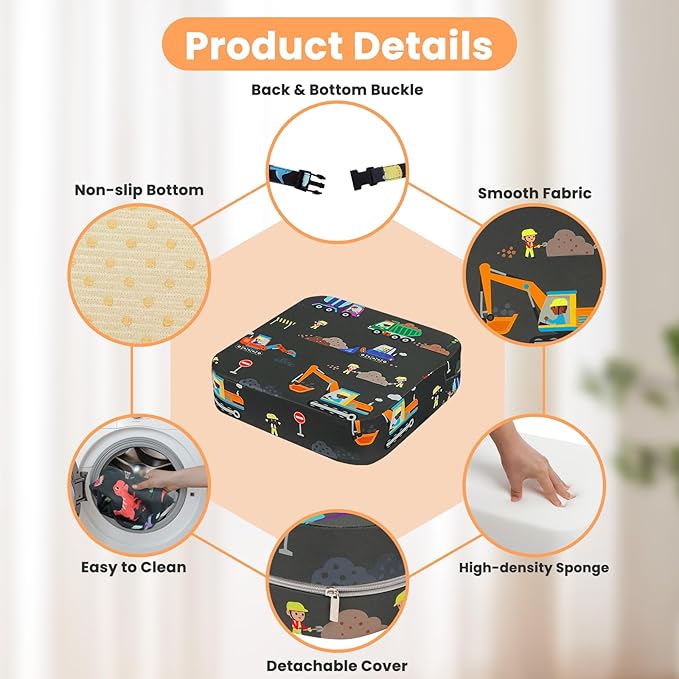 Toddler Booster Seat for Dining Table, Kids Booster Seat for Kitchen Chair with Non-Slip Bottom, Portable Detachable Washable Increasing Cushion with 2 Adjustable Straps (Excavator)