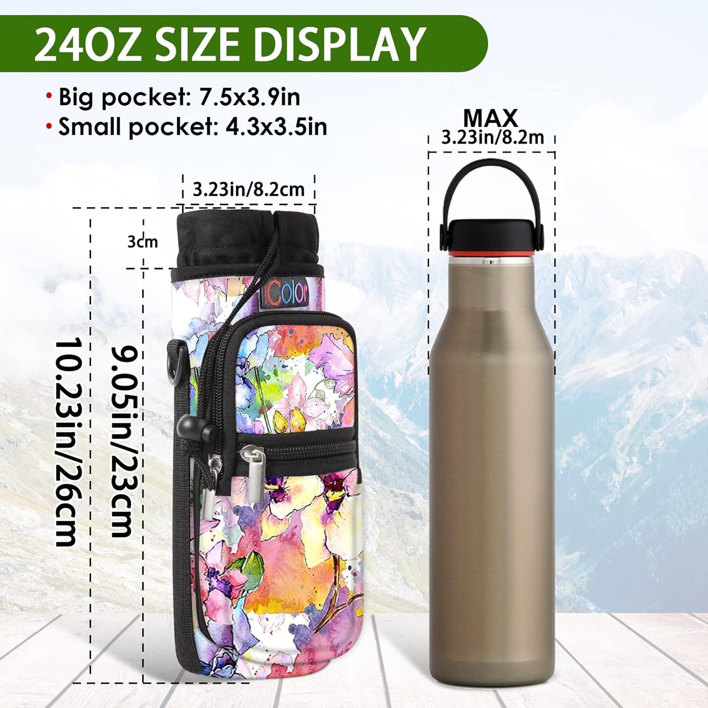 icolor Water Bottle Carrier Bag with Strap 25/32/40 oz Crossbody Bottle Holder with Phone Pocket Sling Sleeve Insulated Neoprene Water Bottle Pouch for Walking Travelling