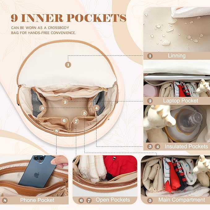 miss fong Neoprene Diaper Bag Baby Diaper Bag Large Capacity Neoprene Backpack with Changing Pad Travel Diaper Backpack with 16 Pockets for Mom & Dad-Brown