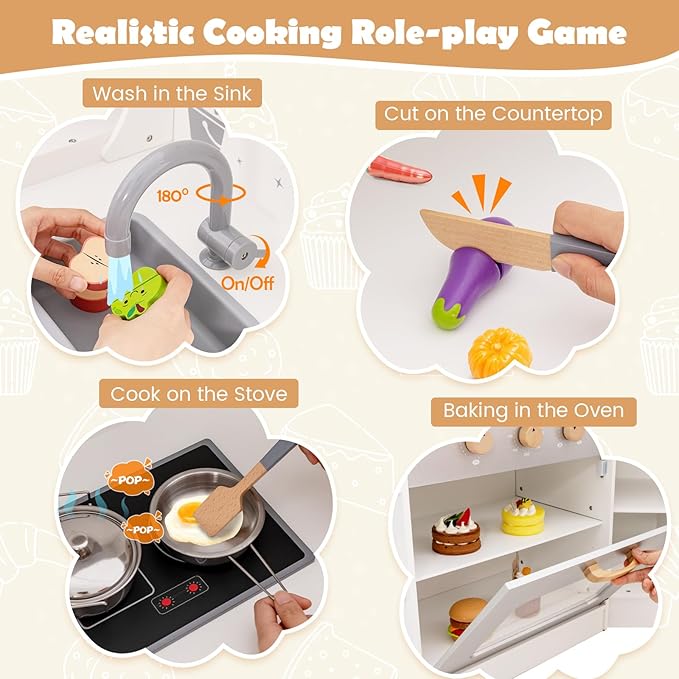 Costzon Corner Kids Kitchen Playset, Wooden Play Kitchen with Sounds & Lights, Washing Machine, Range Hood, Ice Maker, Microwave, Oven, Sink, Pretend Toy Kitchen Set for Toddler, Gift for Boys Girls