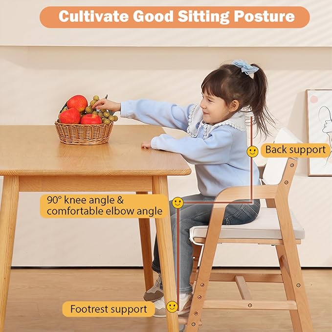 Swegrow Wooden High Chair with 2 Wheels, Adjustable Seat - Backrest - Footrest Heights, Wooden High Chair for Toddlers - Kids and Baby, Kids Dining Chair with Removable Cushion(Beige)