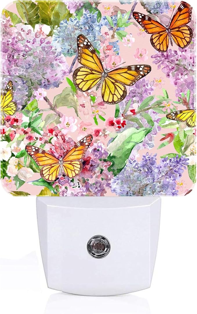 Spring Flowers and Butterflies Night Light,Plug Into Wall Decor for Stairway,Hallway,Kitchen,Dusk to Dawn Sensor Nightlights for Boys/Girls/Women/Men Room Gifts