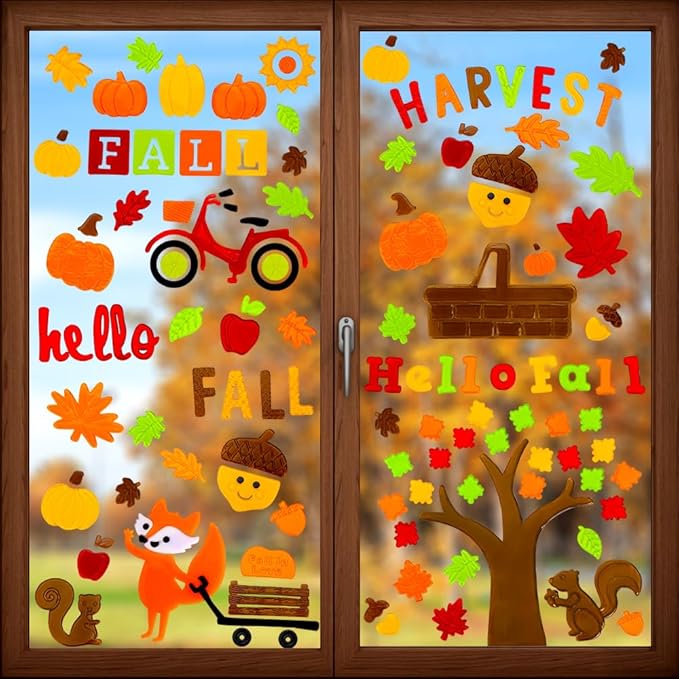 XIMISHOP 6sheet Fall Gel Window Clings, Maple Leaf Harvest Pumpkin Fox Thanksgiving Gel Window Stickers Decoration Decals for Halloween Window Decor