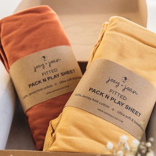 Pack and Play Sheets Fitted – Compatible with 4moms Breeze Plus Playard and Other Large Playpen Mattress – Snuggly Soft 100% Jersey Cotton – Mustard Yellow + Burnt Orange – 2 Pack