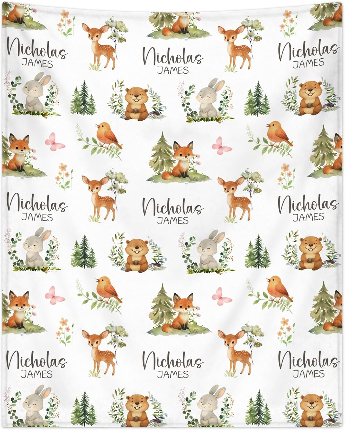 Personalized Baby Blanket for Boys Girls Super Soft Cozy Custom Baby Blanket with Name Lovely Woodland Animal Design Bed Throw for Toddler Newborn 30 x 40 Inch Customized Baby Gifts