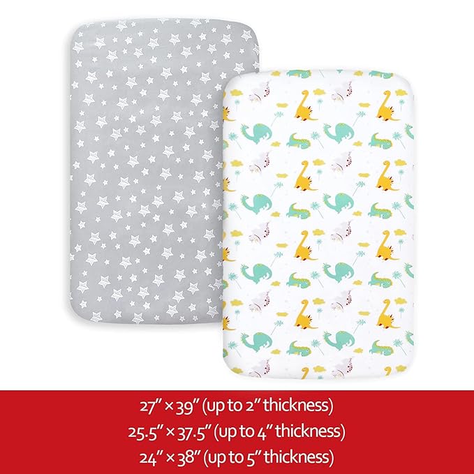 Pack and Play Sheets, 2 Pack Mini Crib Sheets, Stretchy Playard Fitted Sheet, Compatible with Graco Pack n Play, Soft and Breathable Material, Dinosaur and Grey Star