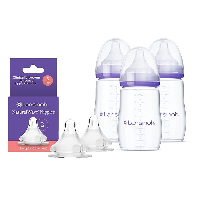 Lansinoh NaturalWave Slow Flow Nipples (2 ct) + 8 oz Anti-Colic Baby Bottles (3 ct) With Medium Flow Nipples, BPA-Free, Soft Silicone Design for Comfortable Feeding