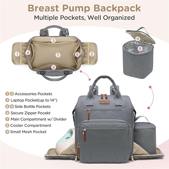 Breast Pump Bag for Spectra & Work with 14 inch Laptop Sleeve - Convertible Large Diaper Bag Backpack with Cooler Storage for Travel, Grey