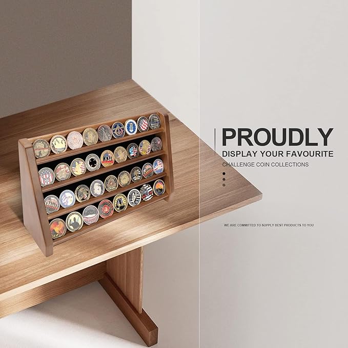 4 Rows Military Challenge Coin Holder Display Holds 32 Coins, Solid Wood Army Coin Rack Display Case Stand for Wall Mount or Tabletop, Walnut