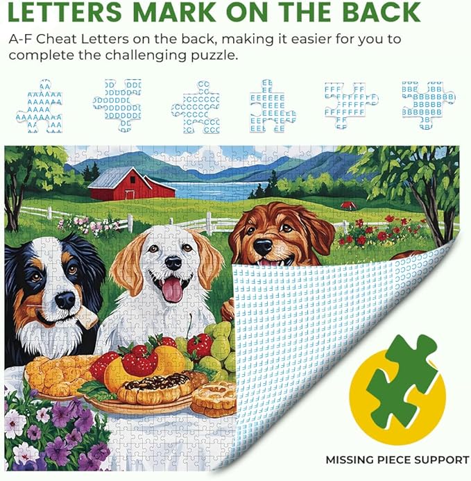 1000 Piece Puzzle for Adults Picnic Puppy Jigsaw Puzzles 1000 Pieces Reusable, Puzzles Fit for Family, Parents and Friends Gatherings