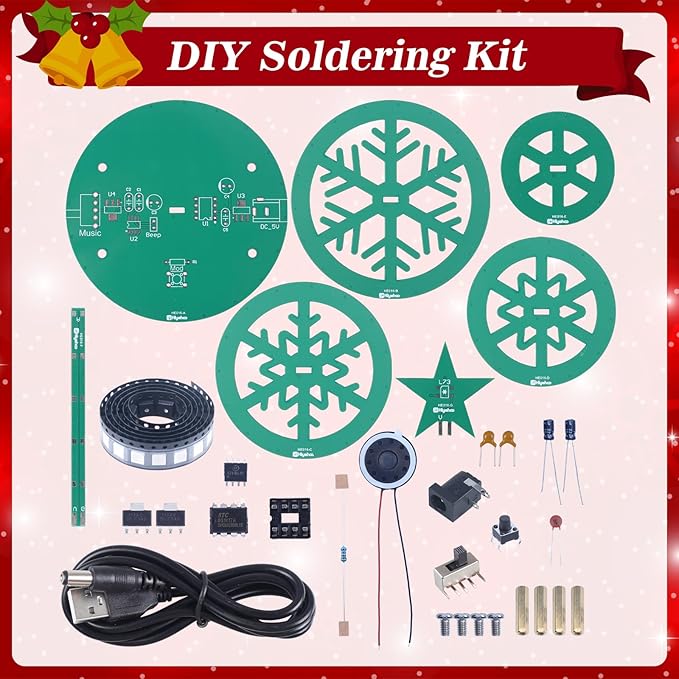 Christmas Tree Soldering Projects, PEMENOL DIY X-mas Tree SMD Soldering Practice Kit, 73 Pcs WS2812B RGB LEDs with 6 Types of Light Effects Music for Christmas Desktop Decoration College