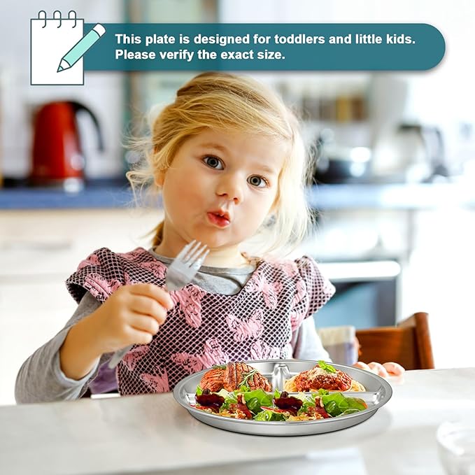 EWFEN Stainless Steel Toddler Plate Set of 6, 9" Portion Control Plates Divided Plate for Adults Kids Balance Lunch, Non Slip | Unbreakable Toddler Baby Feeding Set Dishwasher Safe