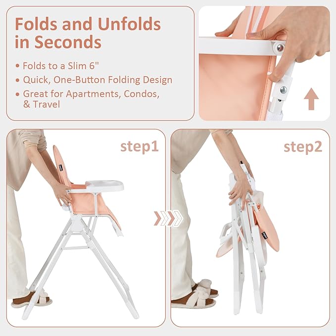 INFANS Baby High Chair, Quick Folding Portable Highchair for Babies and Toddlers with Adjustable Footrest Removable Dishwasher Tray PU Seat, Compact Highchairs for Baby Age 6-36 Months (Pink)