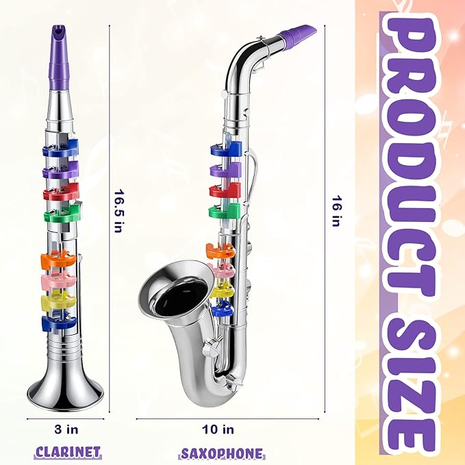 Amylove Set of 2 Musical Instruments for Kids Including Toy Saxophone and Kids Clarinet Plastic Toy Instruments Saxophone Clarinet with 8 Colored Keys Educational Home School Music Gift(Silver)