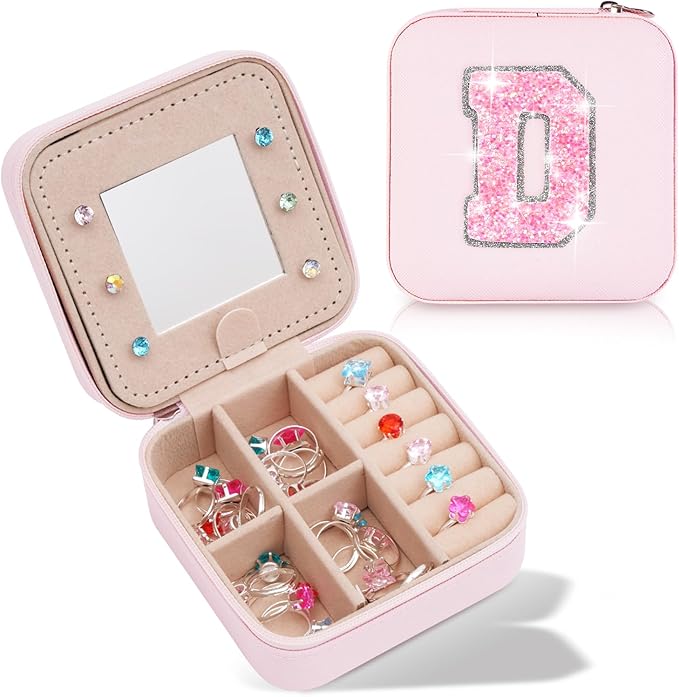 Personalized Jewelry Case for Women Girls - Fashion Mini Jewelry Boxes - Trendy Travel Jewelry Organizer with Initials Letter - Teen Gifts | Pink,D