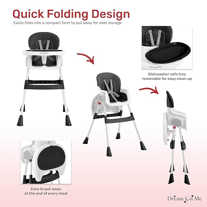 Dream On Me TableTalk 2-in-1 Portable High Chair in Black, Compact Adjustable Feeding Chair, Easy Clean Tray, Converts to Toddler Seat, Safety Harness, Self-Standing Fold