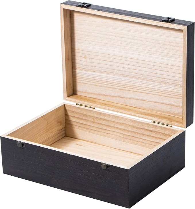 Black Wooden Storage Box with Hinged Lid and Front Clasp, 12.2''x8.6''x4.7'' Large Wooden Box, Wood Gift Boxes for Crafts Art Hobbies and Valentine's Day Decoration