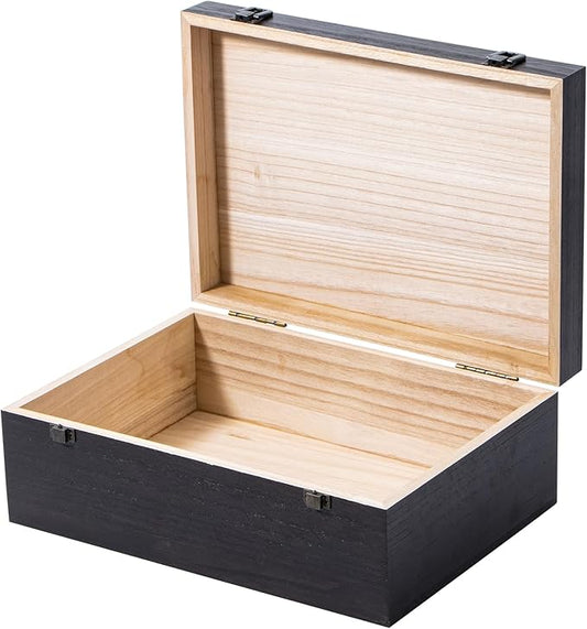 Black Wooden Storage Box with Hinged Lid and Front Clasp, 12.2''x8.6''x4.7'' Large Wooden Box, Wood Gift Boxes for Crafts Art Hobbies and Valentine's Day Decoration