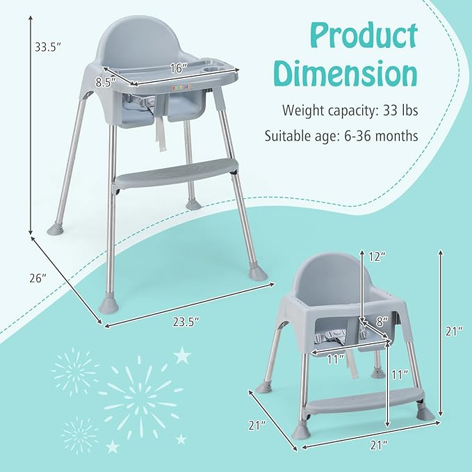 BABY JOY Baby High Chair, 4 in 1 Convertible High Chair with Adjustable Legs, Double Removable Tray, Safety Harness & Footrest, for 6-36 Months Babies & Toddlers (Gray)