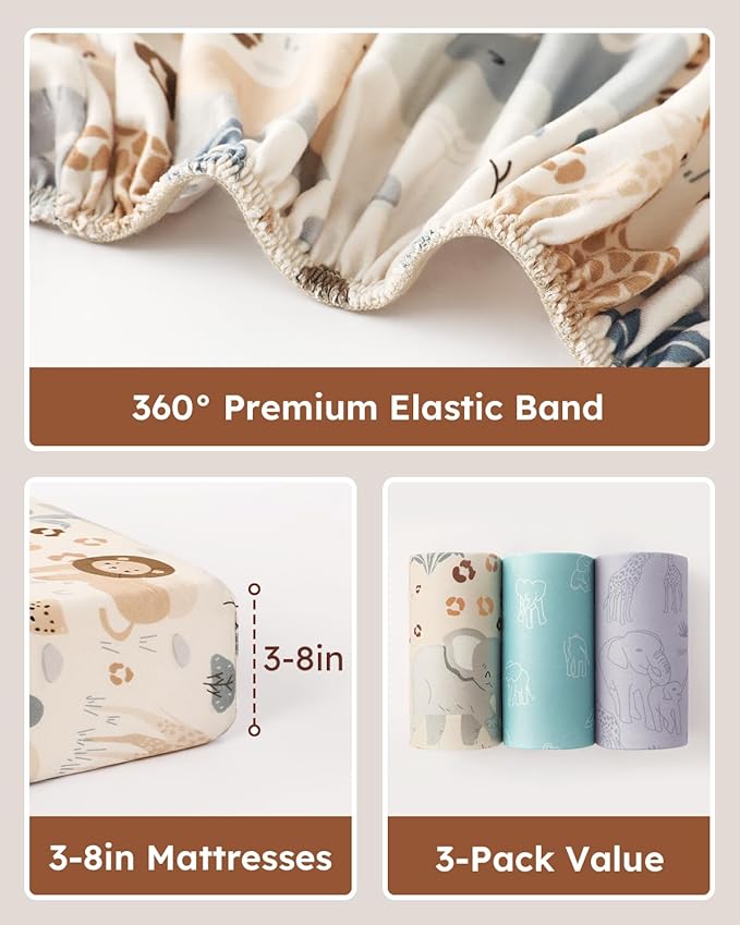 Baby Crib Sheets for Boys Girls, 28x52x8in Fitted Crib Sheet Neutral 3 Pack for Standard Crib and Toddler Mattress, Breathable Soft Microfiber Baby Sheet Elephant