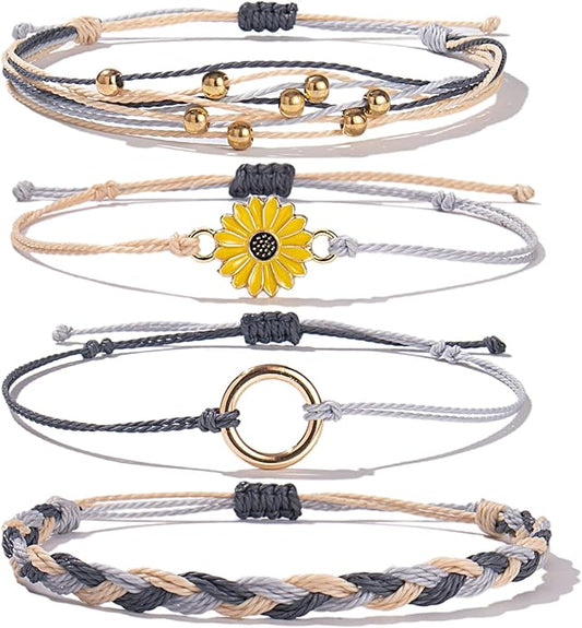 FANCY SHINY Sunflower String Bracelet Boho Braided Rope Wrap Bracelets Cute Summer Beach Surfer Jewelry for Women Christmas Gifts