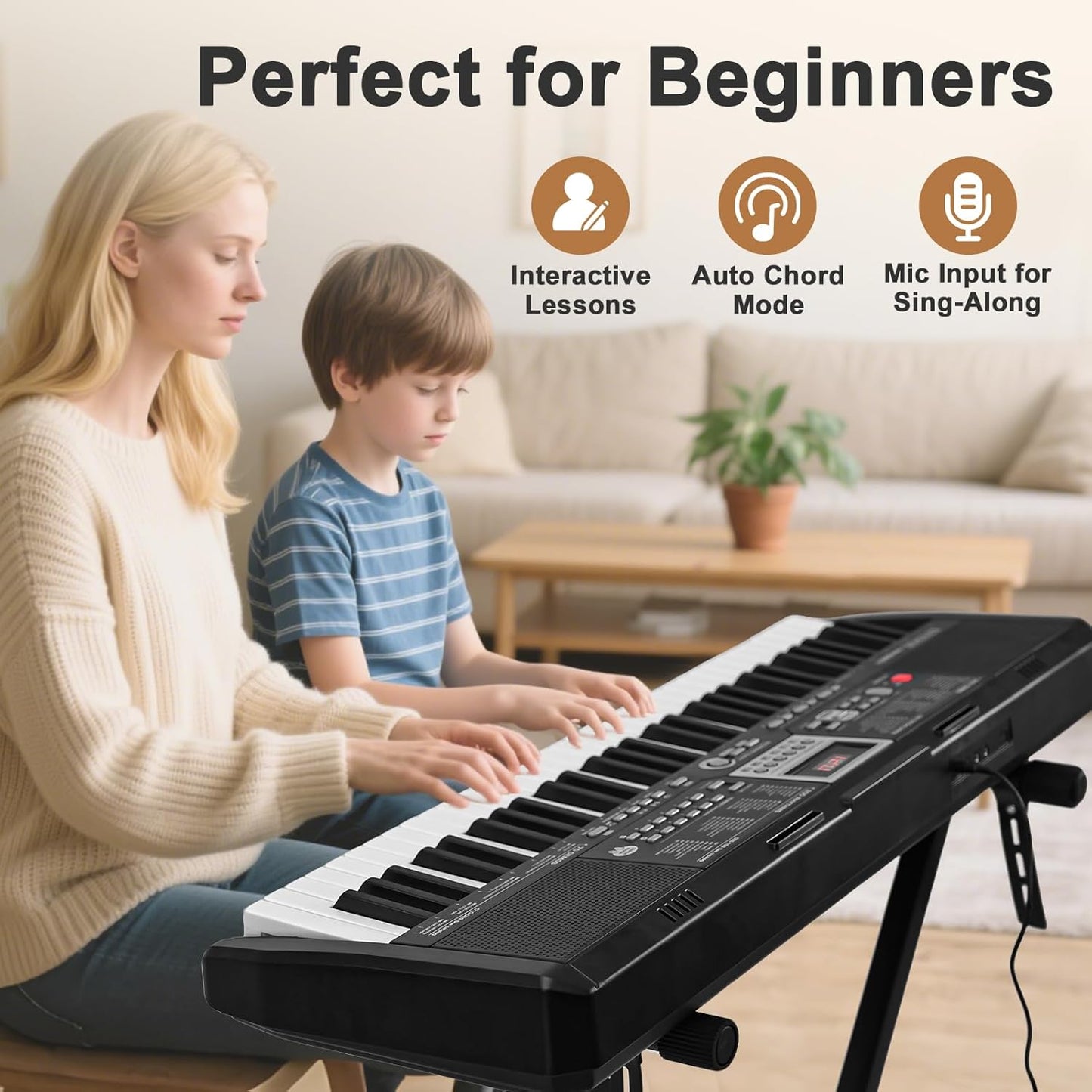 61-Key Portable Electronic Piano Keyboard with 200 Voices, 200 Rhythms, Teaching Modes, Recording, Microphone, Battery Power, Built-in Speakers, Child-Safe ABS