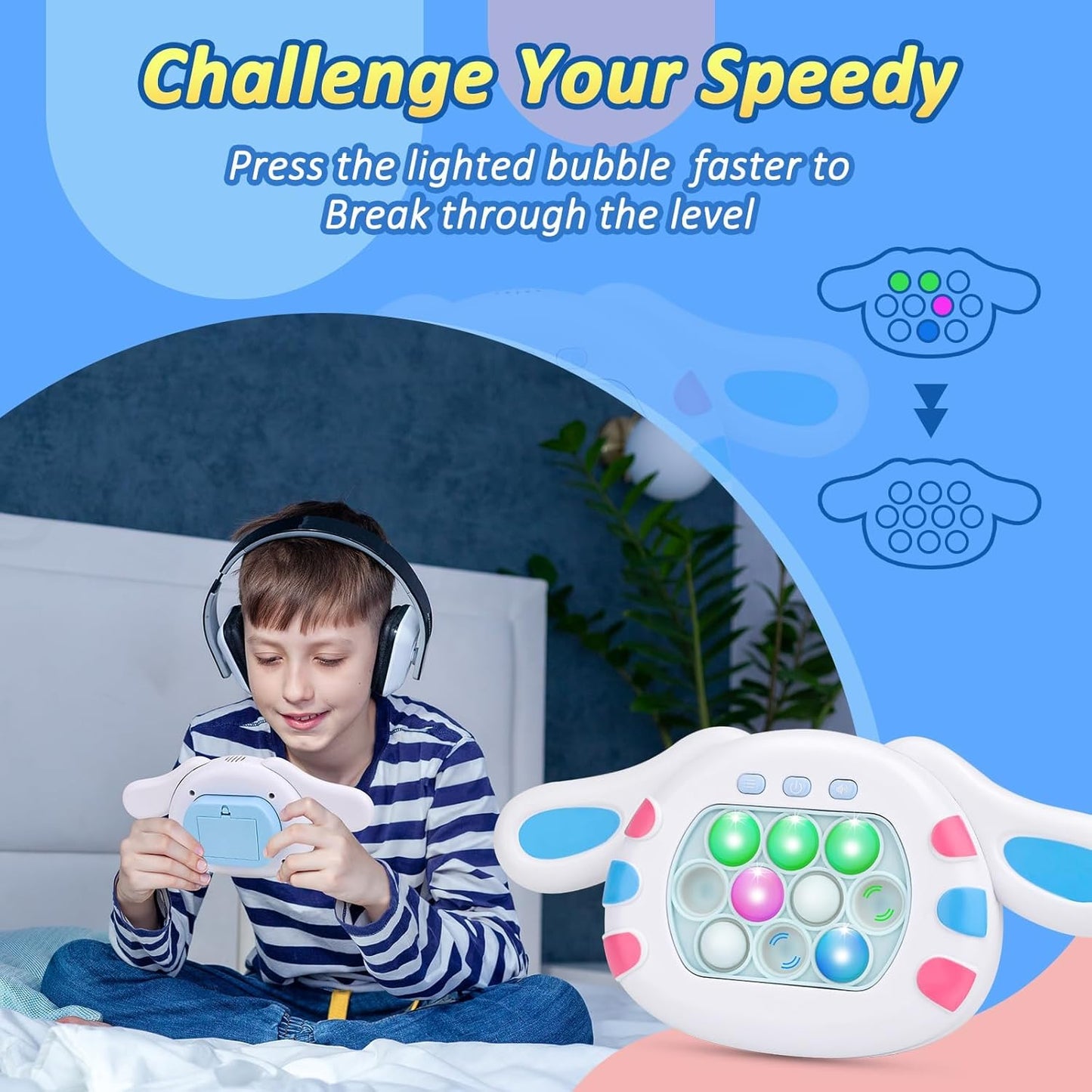 Pop Game Light Up Fidget Toy, Quick Push Bubble Game, Decompression Breakthrough Puzzle Pop Game Machine, Multiple Game Modes Toy for 3+ Years (Dog)