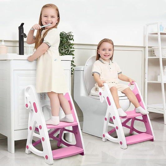 Primlect Potty Training Seat, 2-in-1 Toddler Toilet Seat with Step Stool, Ultra-Stable Potty Chair Attachment, Adjustable Seat and Step Ladder, Non-Slip Design, Splash Guard for Boys and Girls(Pink)