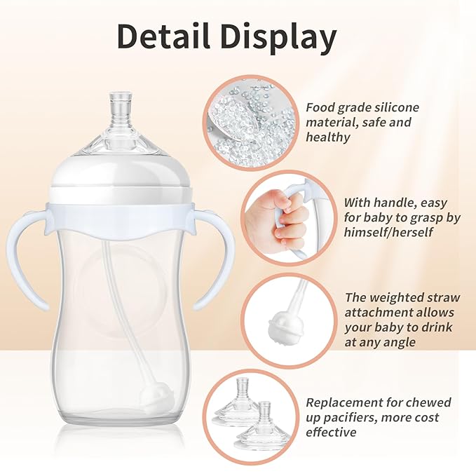 Straw Cup Conversion Kit Compatible with Philips Avent Natural Baby Bottle, Straw Transition Kit from Bottles, 4 Straw Top Nipples, 2 Weighted Straw Attachments, 2 Handles and 2 Cleaning Brushes