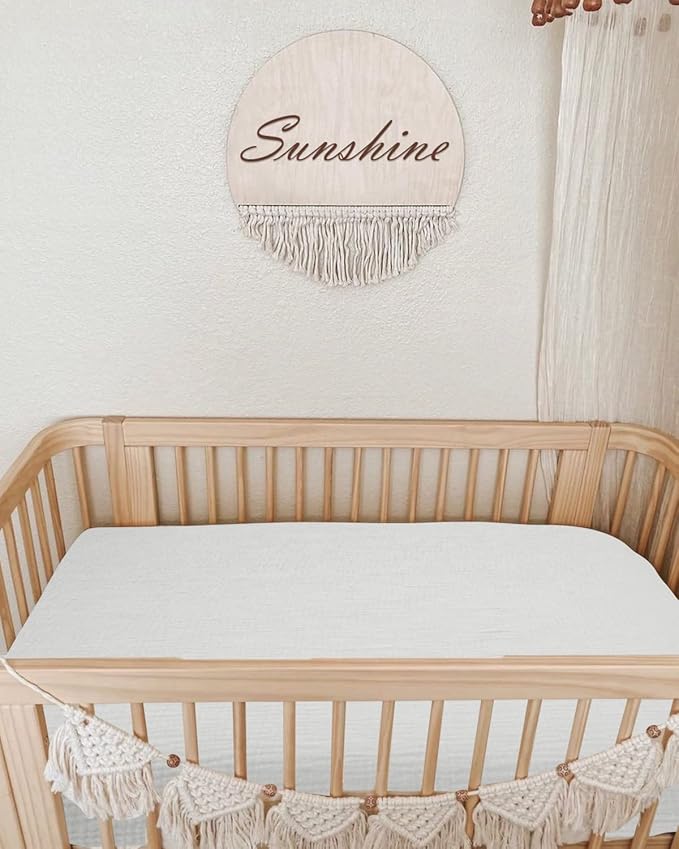 Mini Crib Sheets for Baby, Fitted Pack N Play Mattress and Mini Cribs 24" x 38", Neutral Muslin Cotton Mini Crib Mattress Sheet with Boho Style, Soft and Breathable Comfort (White)