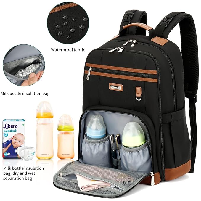 Diaper Bag Backpack, Large Baby Nappy Bags with Portable Changing Pad for Boys and GirlsMultifunction Travel Baby Bag for Moms Dads, Shower Gifts Waterproof and Stylish，Black
