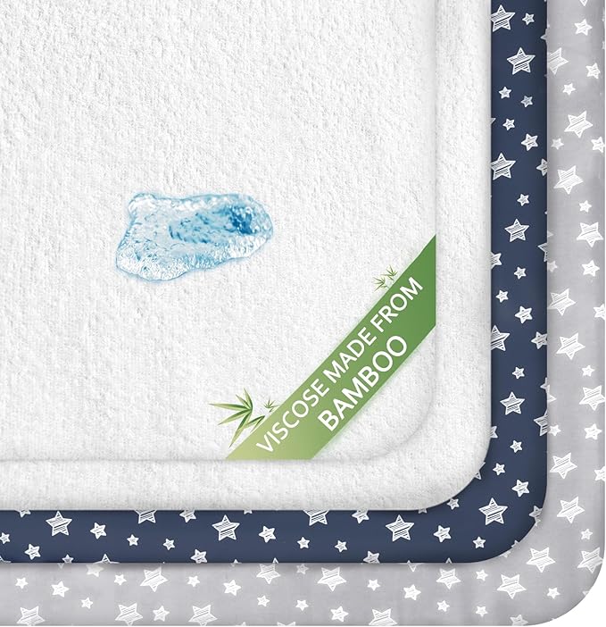 Crib Sheets & Waterproof Crib Mattress Protector for Boys 4 Pack Set, Viscose, Waterproof Crib Sheets Mattress Pad Cover, Grey & Navy