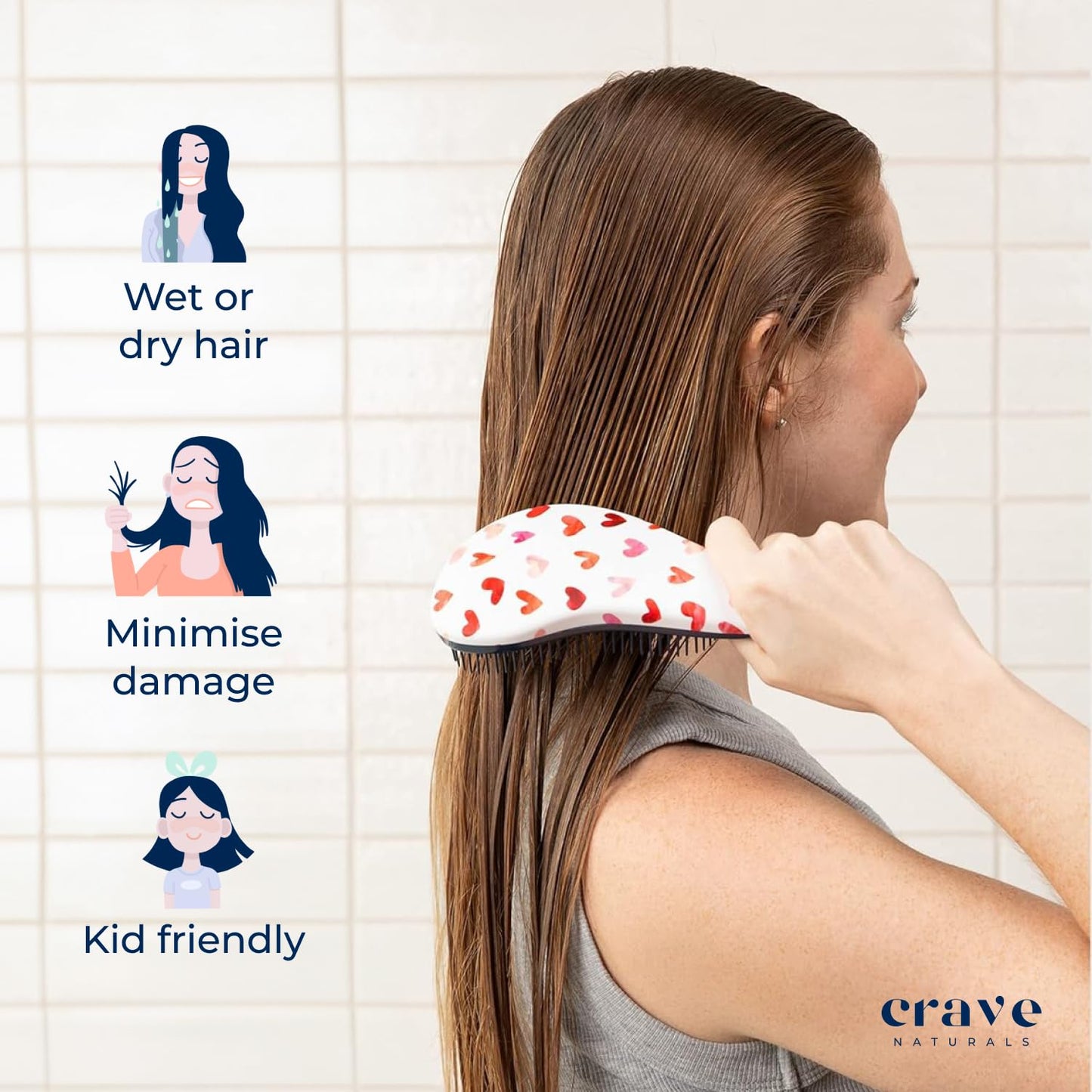 Crave Naturals Glide Thru Detangling Hair Brush for Adults and Kids - Detangler Hairbrush for Curly or Straight, Wet or Dry Hair - Gentle on Tangles Comb - Purple and Pink Hearts (Pack of 2)