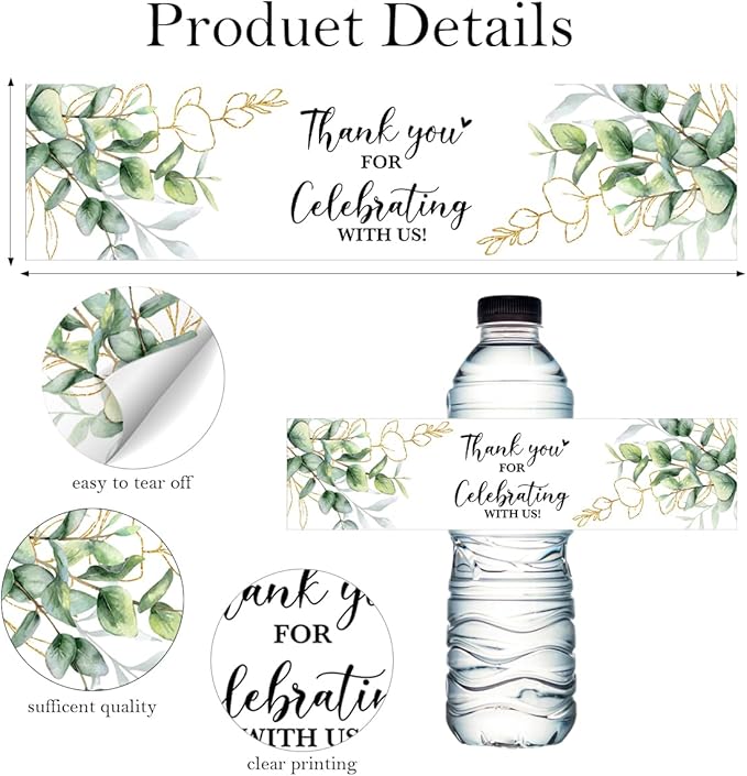 100PCS Wedding Water Bottle Labels Waterproof Greenery Floral Wraps Sticker for Water Bottle Baby Shower Bottle Label for Bridal Shower Party Thanks (Eucalyptus)