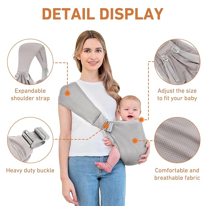 Baby Sling Carrier, Baby Carrier Newborn to Toddler, Mesh Toddler Carrier, Lightweight Breathable Summer Baby Wraps Carrier, Baby Carriers One Size Fits All (Grey)