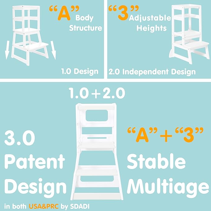 SDADI Adjustable Height Kids Kitchen Step Stool with Removable Safety Rails and Anti-Slip Protection- Toddler Standing Tower with with Ring Toss for Learning and Playing (Blue and Light Grey)