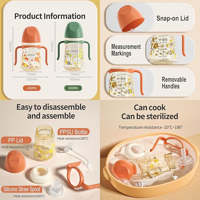 PPSU No Spill Sippy cups,Weighted Straw Toddler Water Bottle with Handle,Spill Proof Toddler Cup with Leakproof Spout for Baby 6-12 Months and Toddlers 1-3 (10 Ounce, Pink, 1 Pack)