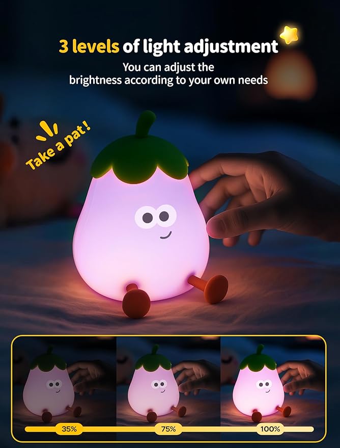 Eggplant Night Light for Kids, Nursery Night Lights, Bedside Touch Lamp, Cute Silicone Nightlight for Baby Toddler, 3 Level Dimmable Soft Night Lamps Gift for Bedroom Kids Room Decor
