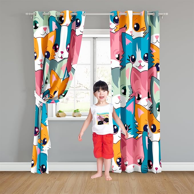 Cat Curtain Panels for Girls - 2Pcs Cat Blackout Curtains for Girls Bedroom, 84W x 84L