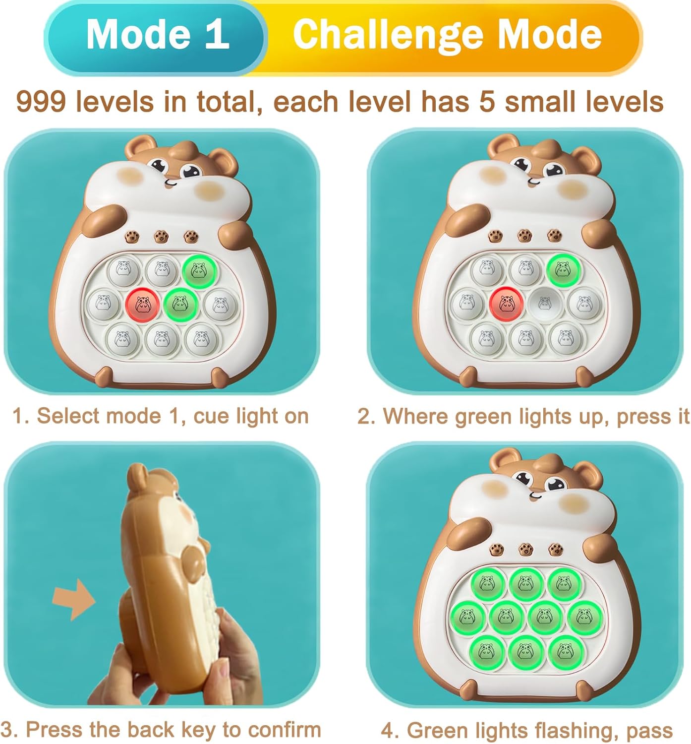 Pop Quick Push Game Light Up Fidget Toys Handheld Puzzle Press Popping Game Console for Kids Ages 3+ Adult Brown Hamster