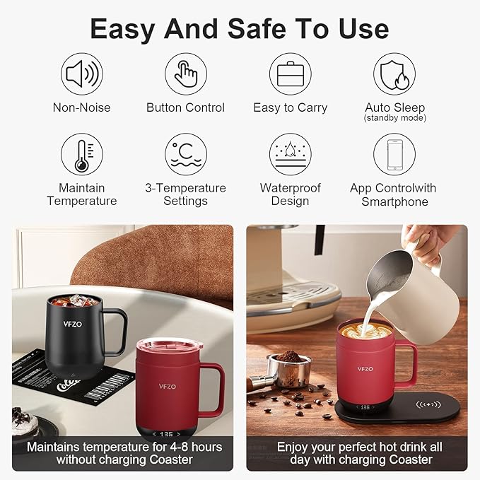 16Oz Temperature Control Smart Mug, Self Heating Coffee Mug LED Display, 180 Min Battery Life - Hot up to 149℉ Fast Wireless Charger Base Improved Design coffee serving sets (16oz, Burgundy)