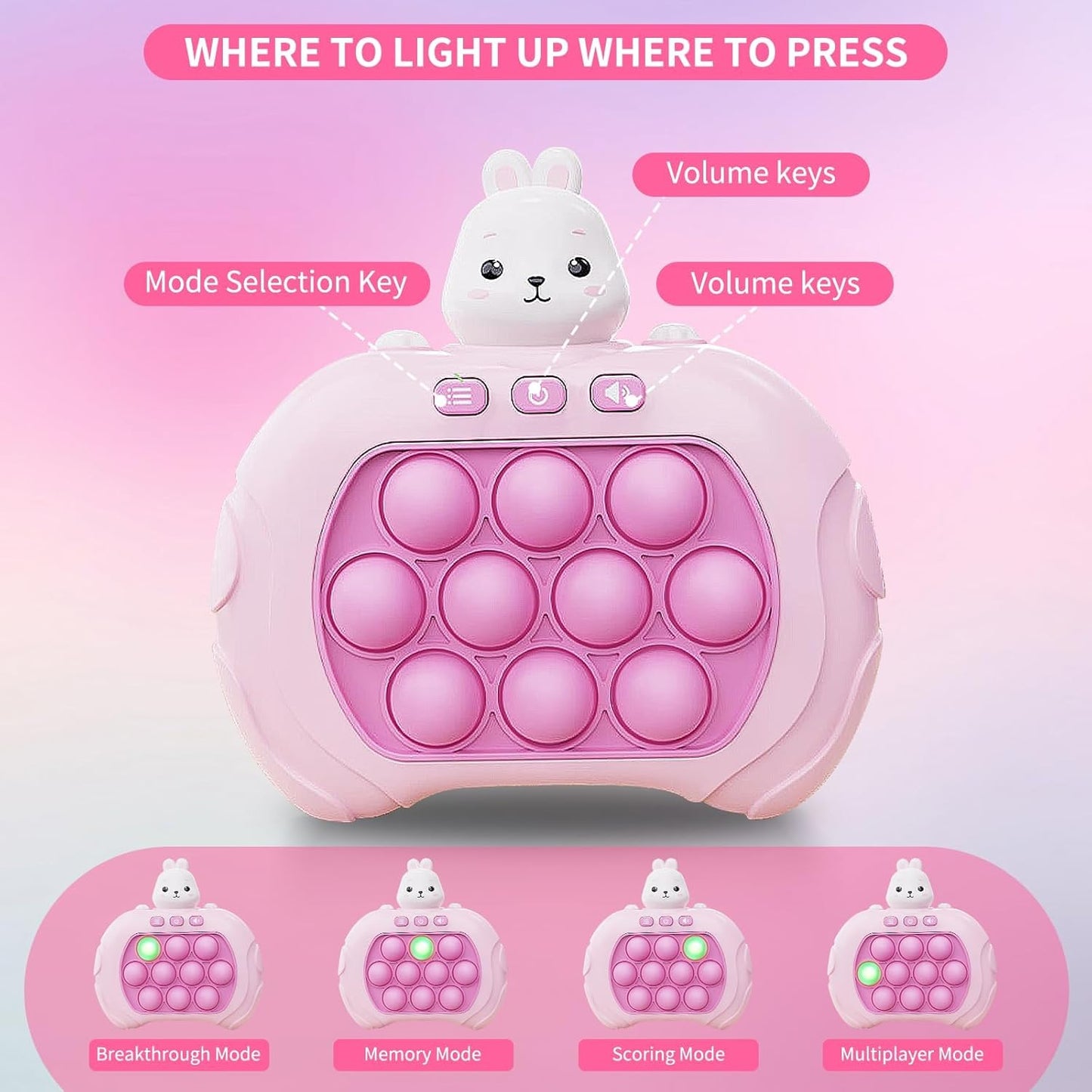 Pop Game Light Up Fidget Toy, Quick Push Bubble Game, Decompression Breakthrough Puzzle Pop Game Machine, Multiple Game Modes Toy for 3+ Years (Rabbit)