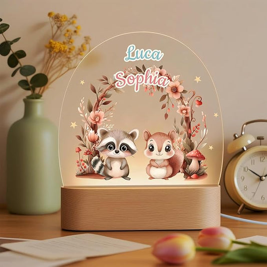 callie Acrylic Night Light Name Plate Personalized, Custom Cute Animal Dog Cat with Wooden Base Bedroom Decor, Birthday Gifts Kid Gifts for Family (Forest Animal)