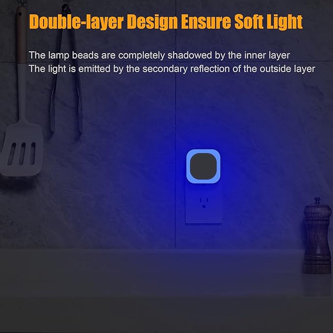 4 Pack Plug in Dimmable Night Light, Blue Nightlight, Auto Dusk to Dawn Sensor, LED Night Light, Soft Glow, Diffused Light for Bathroom, Hallway, Stairs, Kitchen, Bedroom