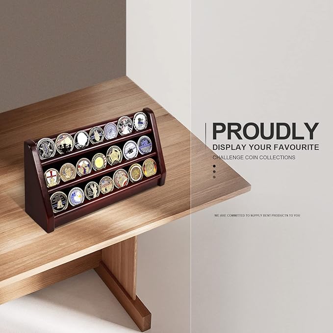 3 Rows Wooden Challenge Coin Wall Display Stand - Military Coin Holder Army Coins Rack, Holds 21-24 Coins, Mahogany